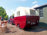 The building process is by hand, in Ken's garage, each new-old caravan built to order