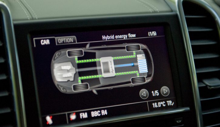 Keep an eye on charge and power delivery on the dash of the Porsche Cayenne S E-Hybrid