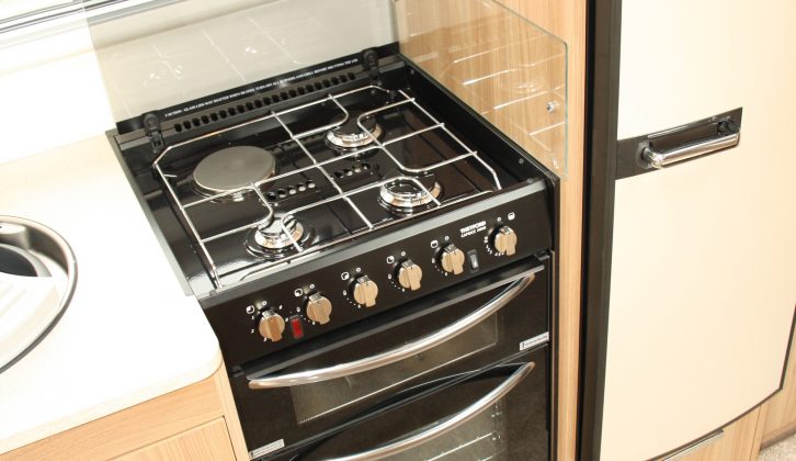 Every appliance you’ll need is here in the kitchen area in the 2015 Bailey Unicorn Madrid, but the microwave’s location above the hob is not ideal