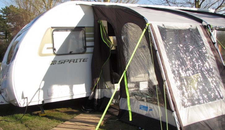 On site in Wrexham on the Sprite's first tour, with the Kampa Rally 260 porch awning erected