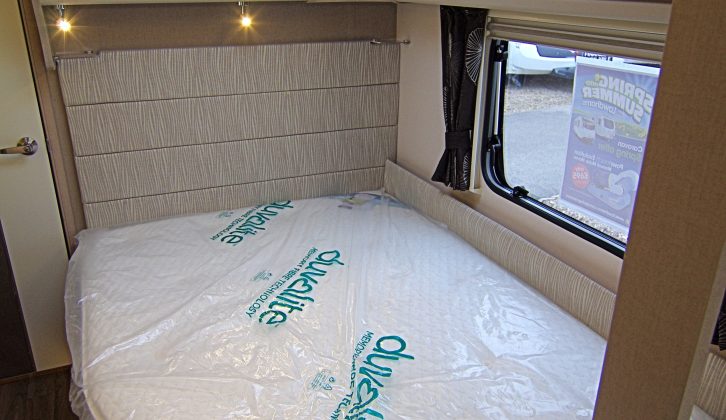 The rear fixed double bed measures 1.91m x 1.29m and benefits from a very comfortable Duvalay mattress