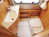 The washroom is small but well-equipped in the Eriba Touring GT Troll 530