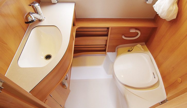 The washroom is small but well-equipped in the Eriba Touring GT Troll 530