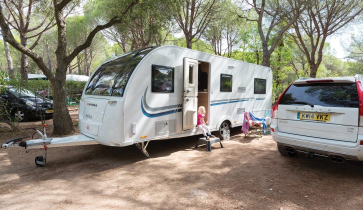 The Adria Adora 612DT Rhine caravan’s long A-frame allows easy access to the gas locker. The entry door is on the ‘UK’ side and underbed storage has exterior access