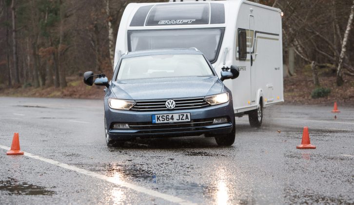 Despite the wet, the VW Passat stayed in control of the caravan and leaned little in our demanding test