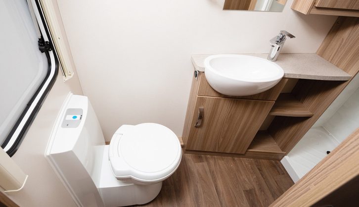 The island bed can be slid  towards the nearside wall during the day to widen the passage to the washroom. You’ll find plenty of room to get dressed in the Sprite Major 4 SB's washroom, as well as a separate shower cubicle, but it is not lined