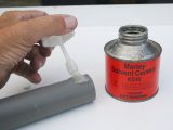 Solvent-weld adhesive used on PVCu products such as rainwater goods is effective here, and you'll find brush-in-a-lid tins easy to use