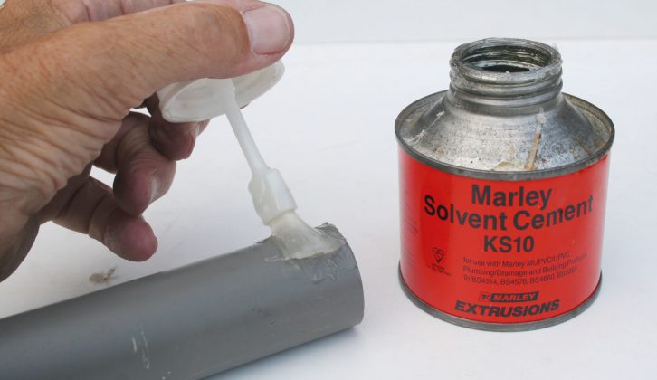 Solvent-weld adhesive used on PVCu products such as rainwater goods is effective here, and you'll find brush-in-a-lid tins easy to use