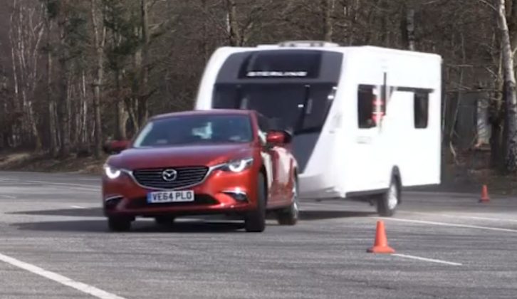 David Motton test drives the new Mazda 6 through a chicane at speed on TV – with a caravan on the back