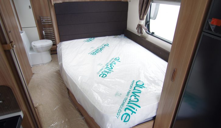 The fixed double bed is 4ft 3in wide and 6ft 3in long in the rear of the Swift Elegance 630
