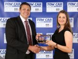 Practical Caravan's Group Editor Alastair Clements presents Lois Cavanagh with Mazda's award