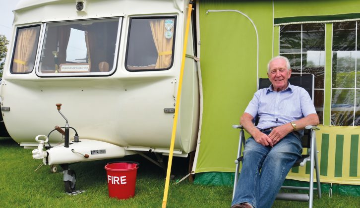 Roy Fox sitting outside his 1958 Cheltenham Sable, a model that was made just two years after the first glassfibre moulds were used by the company. Roy bought the van some years ago, and gave it a touch of TLC; he also added some mod-cons, such as 12-volt strip lights, new seating and an extra locker. The original Whale hand-operated water pump and the cooker both remained in use, too