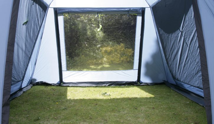 A groundsheet can be clipped in, while the front and rear walls open fully, can be canopied, or left as windows (with curtains), plus the two sides can be left shut, or opened to reveal net screens