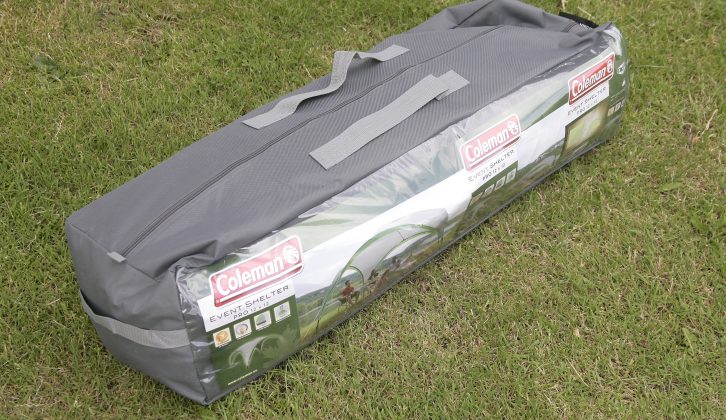 When packed away into its smart bag, the Coleman Event Shelter 12 x 12 weighs 16kg