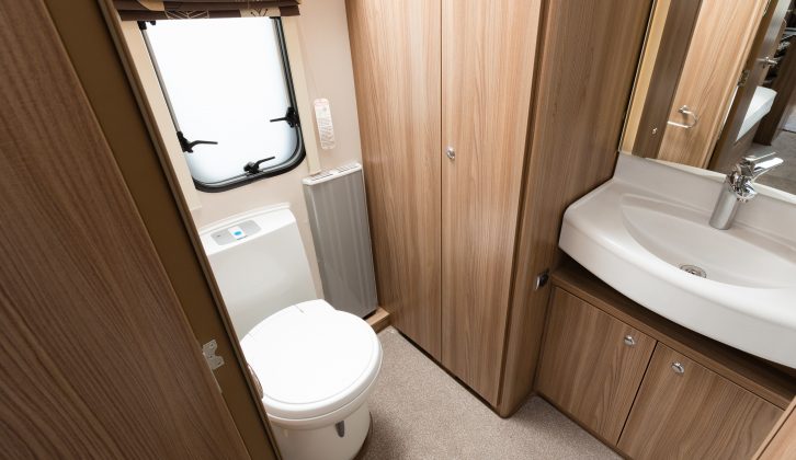 There's a frosted window for privacy in the impressive end washroom – read more in the Practical Caravan 2016 Swift Conqueror 565 review