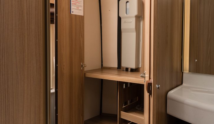 This large wardrobe in the 565's end washroom has a good amount of hanging space – read more in the Practical Caravan review