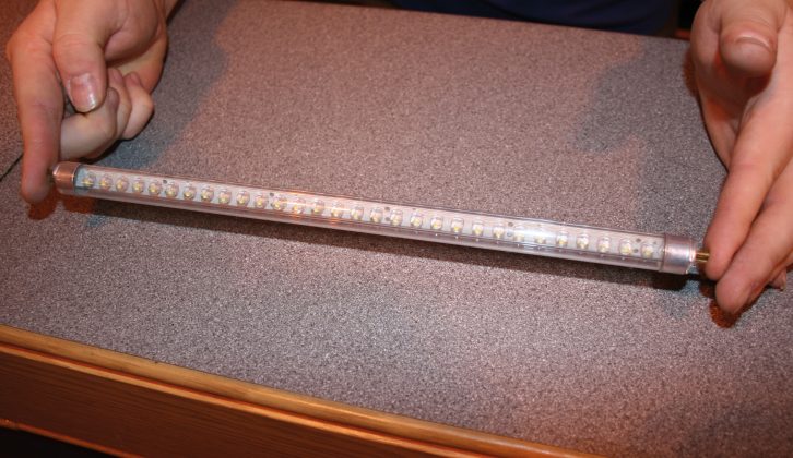 This tube made to fit a fluorescent casing contains LEDs – the casing’s 12V-to-130V inverter must first be bypassed or removed