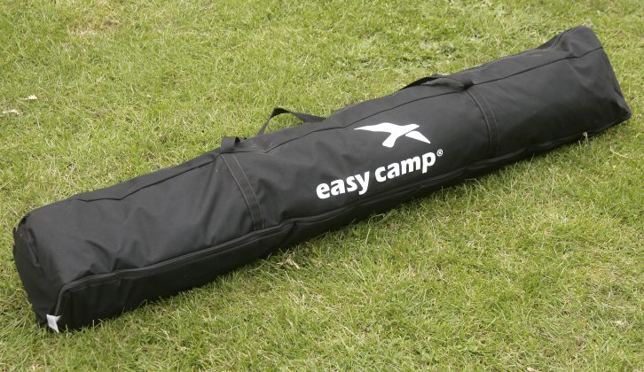 The Easy Camp Pavilion fits into a rather long, thin pack: 130cm x 20cm x 20cm, weighing 15.3kg