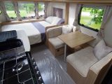 Inside the new two-berth Pastiche 470 from Coachman Caravans which has a front transverse fixed double bed