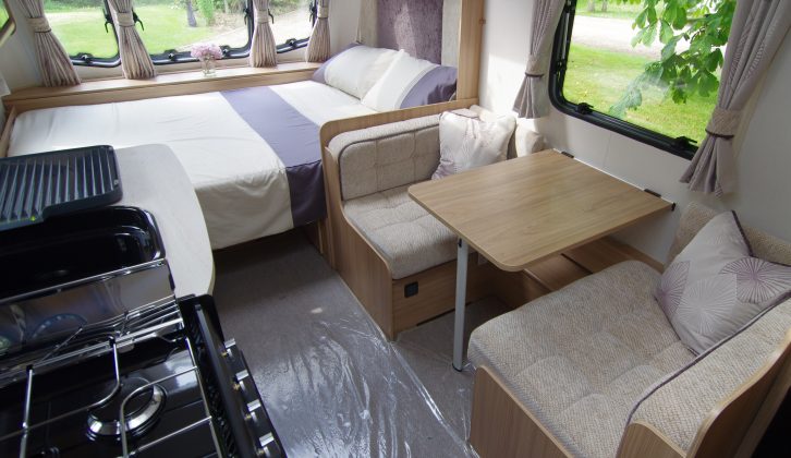Inside the new two-berth Pastiche 470 from Coachman Caravans which has a front transverse fixed double bed