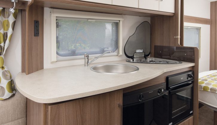 ￼The kitchen worktop is vast and accommodates a three-burner gas hob and circular sink in the Venus 570/4