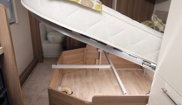 There's excellent storage space under the transverse fixed double bed in the 2016 Venus 570/4