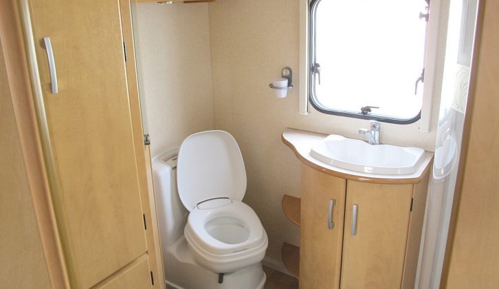 In the late 1990s, Thetford introduced swivel-bowl toilets for tight spaces, as in this 2006 Bailey Pageant