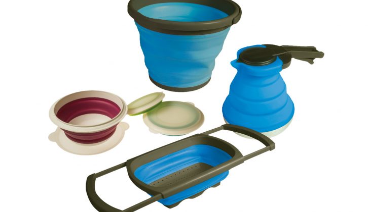 Kampa's collapsible cookware range offers includes useful bowls, colanders and a kettle