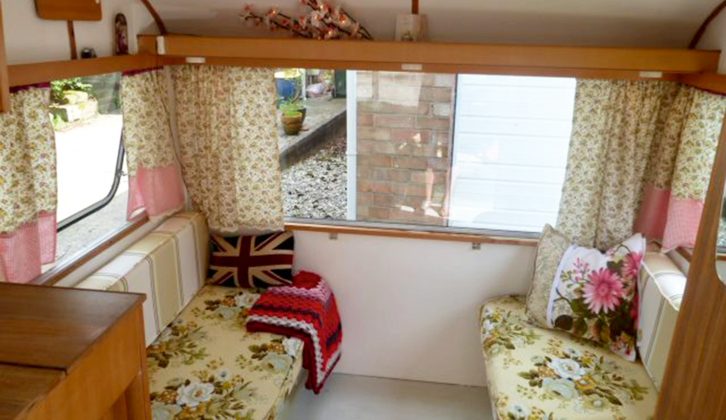 ‘Mona’ the vintage ABI Monza has been bedecked with vintage curtains and floral green upholstery