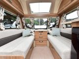 The large panoramic sunroof of the Swift Challenger 580 helps make the lounge a bright space