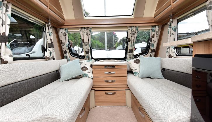 The large panoramic sunroof of the Swift Challenger 580 helps make the lounge a bright space