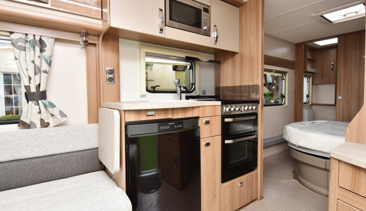 The offside kitchen in the 580 is compact, but has all the essentials, although worktop space is in short supply