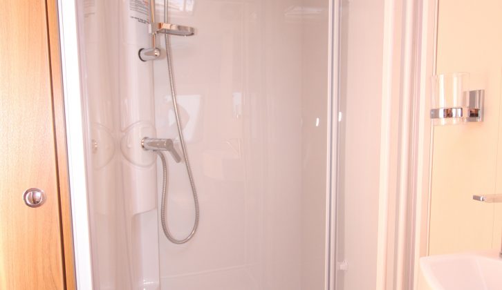 There's a fully lined shower cubicle on the Elddis Affinity 530's offside