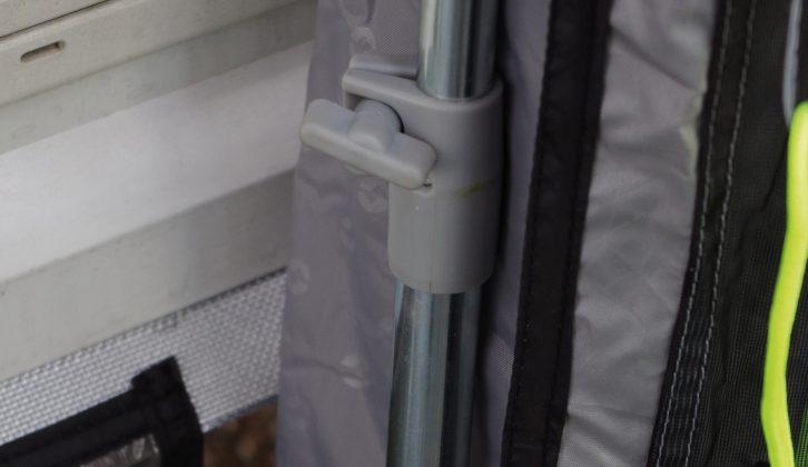 Adjustable steel poles inside provide support and stability