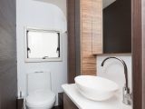 There's a Thetford loo, a bowl sink with a chrome mixer tap and a chic finish in the end washroom – read more in the Practical Caravan Adria Astella 613HT Amazon review