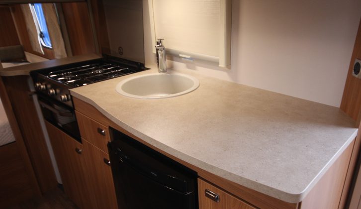 There's lots of worktop space in the kitchen – read more in the Practical Caravan 2016 Sprite Freedom FB review