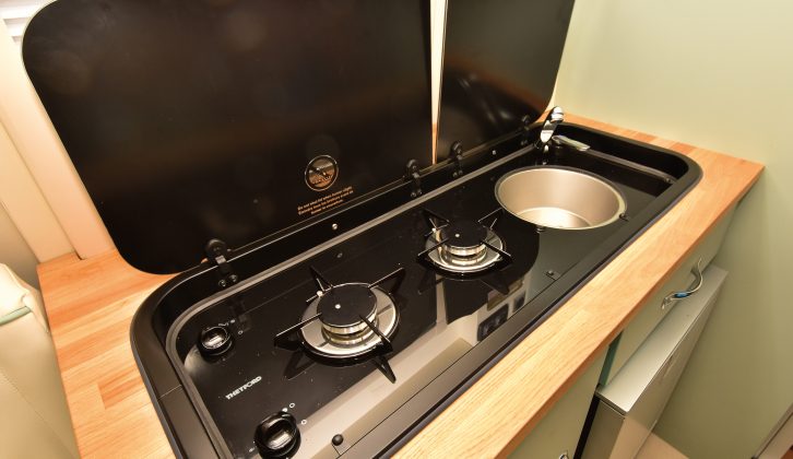 The kitchen is basic, but high quality, with a two-ring Thetford hob and a stainless-steel sink – read more in the Practical Caravan Barefoot review