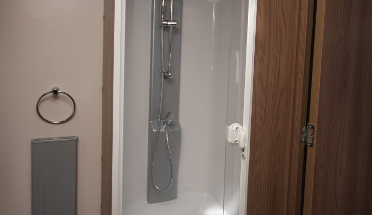There's a fully-lined shower cubicle and a towel ring over an Alde radiator – read more in Practical Caravan's Swift Conqueror 650 review