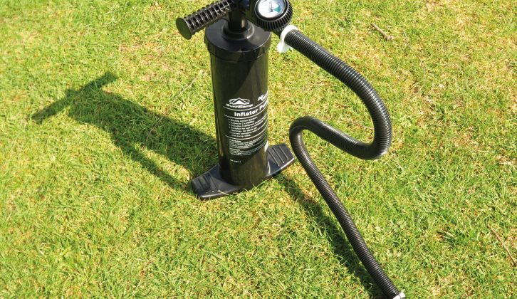 The supplied foot pump comes with its own pressure gauge – the awning's pack size is 81cm x 37cm x 37cm