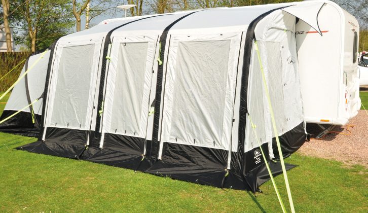 Six roof poles, hi-vis guylines and three roll-up front panels are among the SunnCamp Ultima Air 390 Deluxe’s features