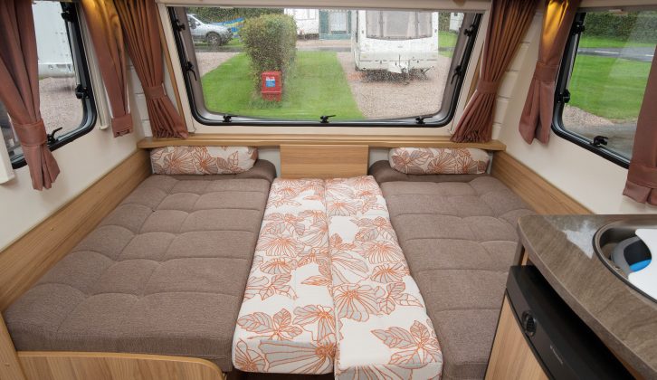 The Bailey Pursuit 430-4's lounge converts into a 2.04m x 1.27m double, or kids can use the sofas as single beds