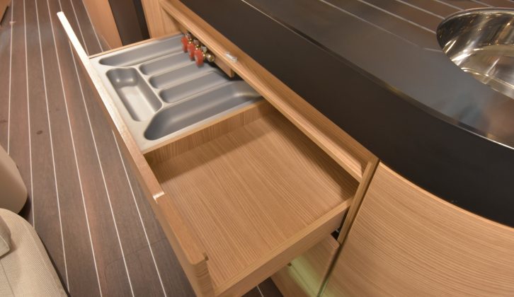 Deep drawers and cutlery storage feature in the kitchen – read more in the Practical Caravan Knaus Eurostar 650 ES review