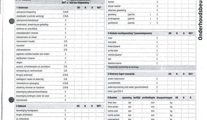 This is a sample service sheet from a caravan MoT in The Netherlands