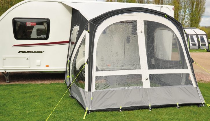 Kampa’s system of valves connecting the support tubes speeds up erecting the Fiesta Air Pro 280