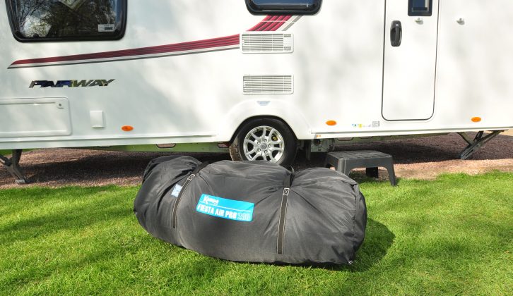 The Kampa Fiesta Air Pro 280 awning bag is bulky and the pack weighs 15.9kg (35lb)
