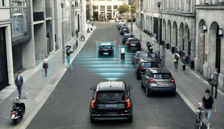 The Volvo XC90 uses a radar and camera system to detect obstacles ahead