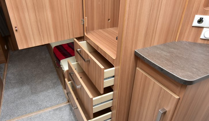 The caravan's wardrobe has a good hanging depth, plus drawers and a small shoe cupboard
