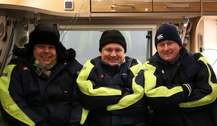 Left to right: our Alastair Clements, Martin Fitzpatrick of Truma and Simon Howard of Bailey wrapped up, ready for a night in the freezer