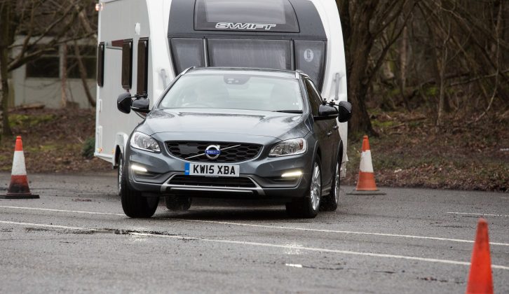 Perhaps the 'mud and snow' tyres were to blame, but the Volvo did not acquit itself well in the lane-change test, as the caravan pushed it from behind at speed