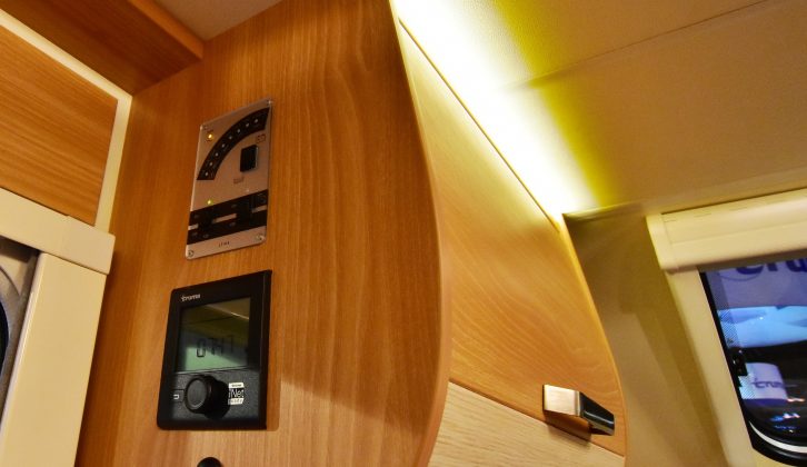 You'll find the LED control panel and heating controls by the door in the Knaus StarClass 560